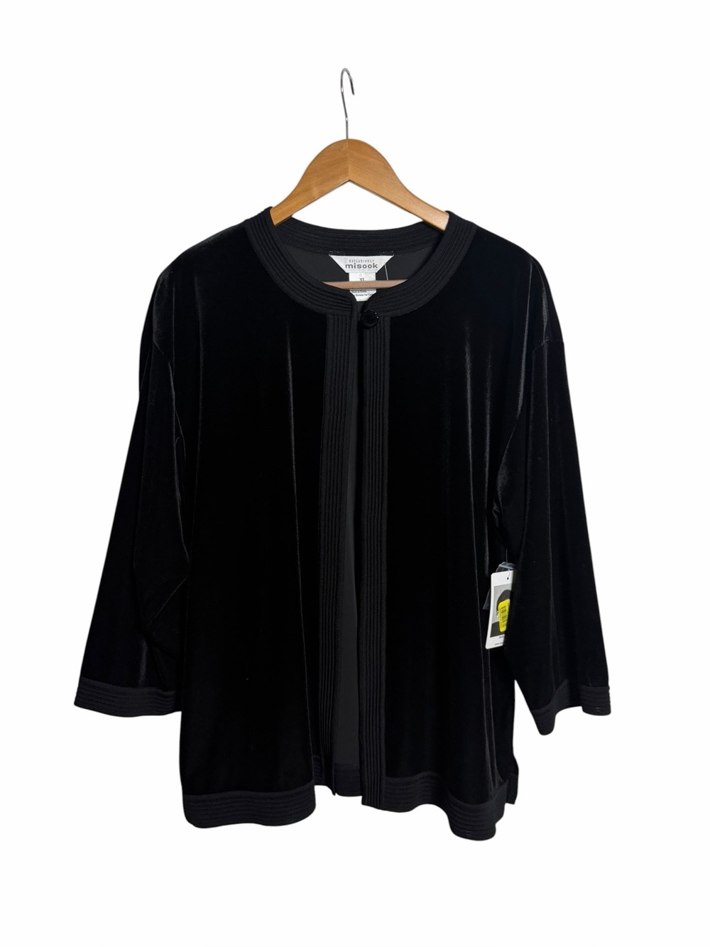 Misook Black Velvet Open Front Jacket Cardigan Single Button Size XL NWT